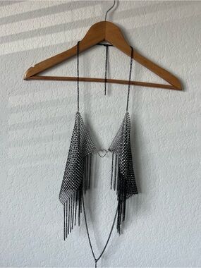 Heart-Accent Black/Silver Fringe Body Chain Halter Top